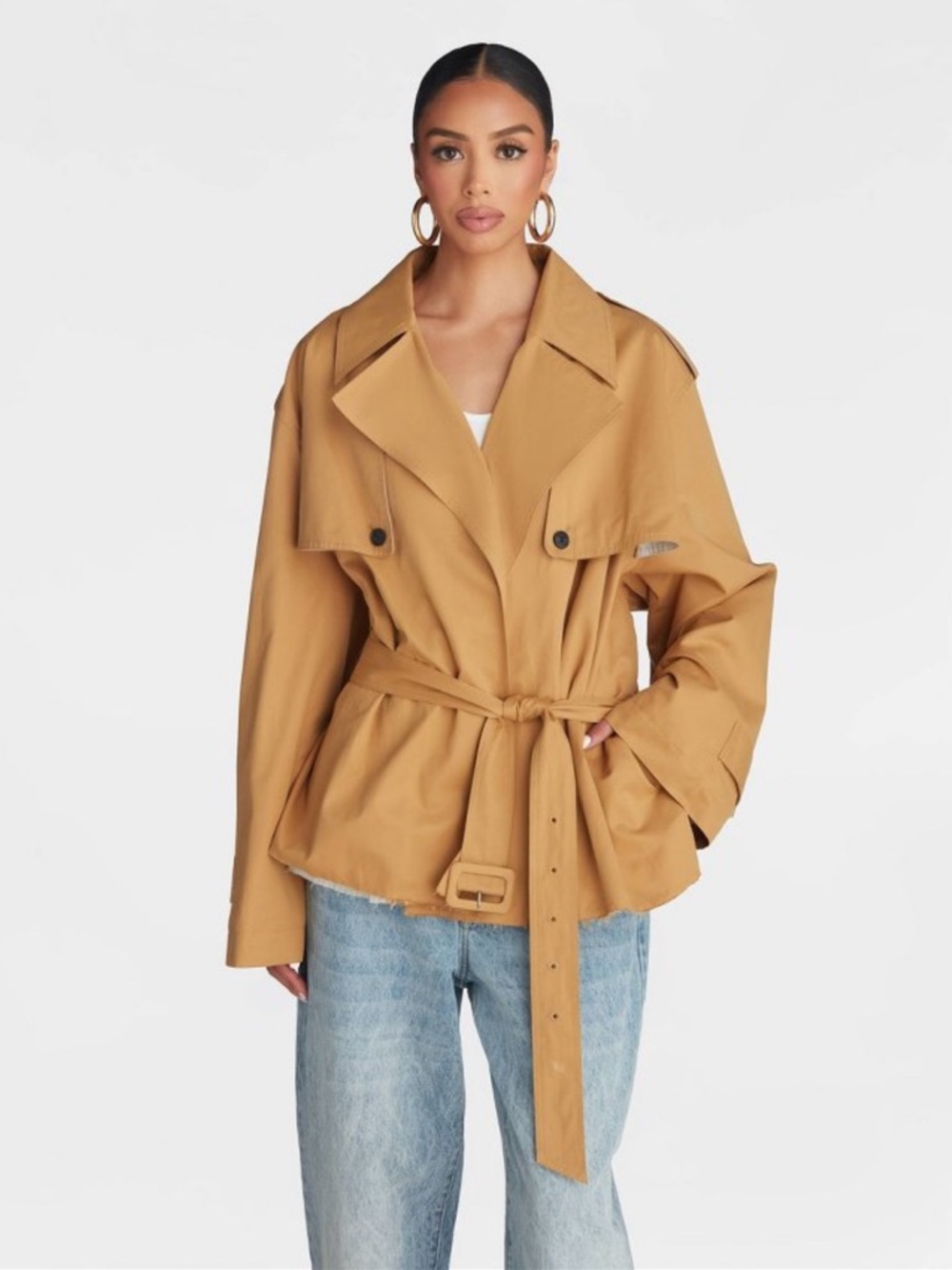 KBB by KAHLANA Women's 'The Belted Cropped Trench Jacket' - Light Brown L